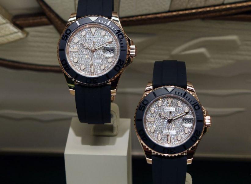The precious fake Rolex Yacht-Master watches are made from everose gold and have diamond-paved dials.